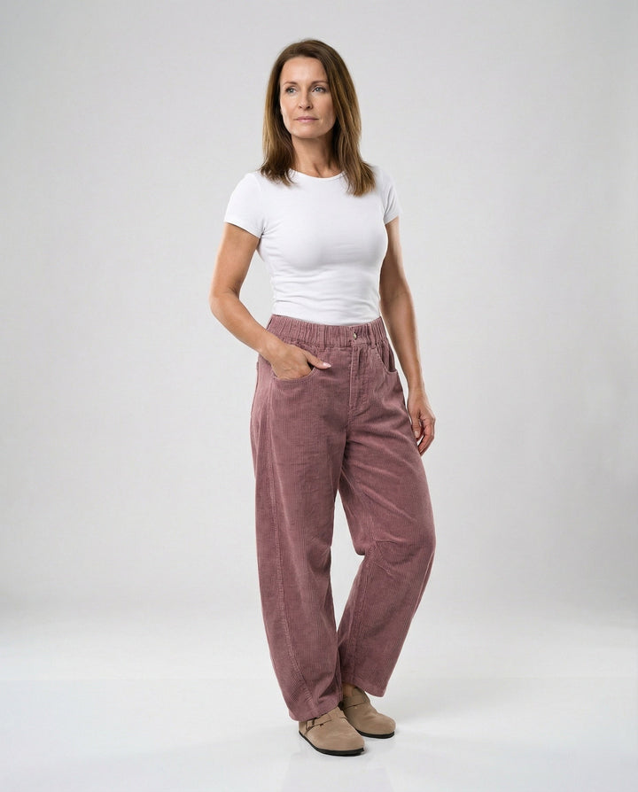 Eudora – Women's Barrel-Leg Corduroy-Look Pants with Elastic Waist