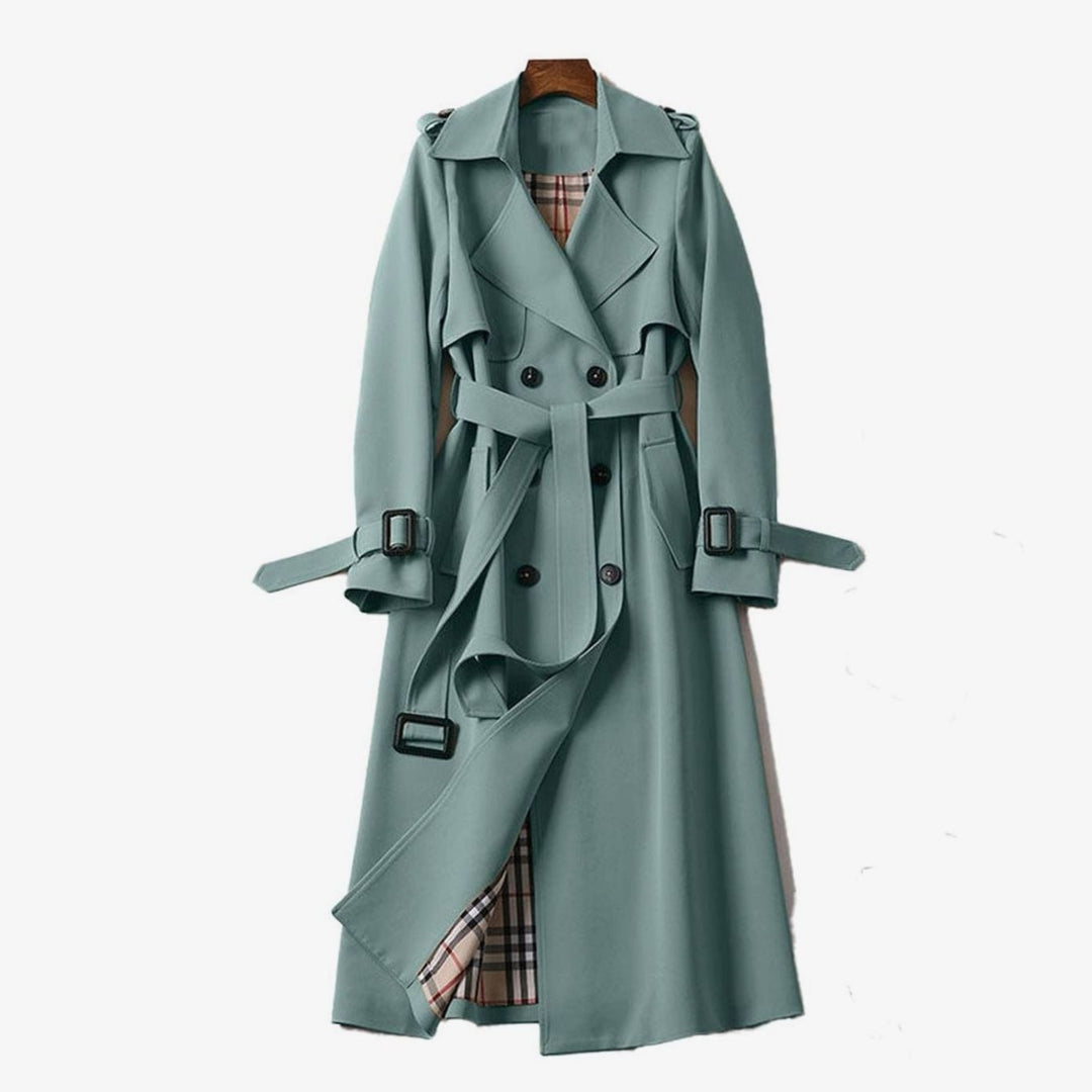 Eva | Women's Double-Breasted Belted Long Trench Coat Plaid-Lined