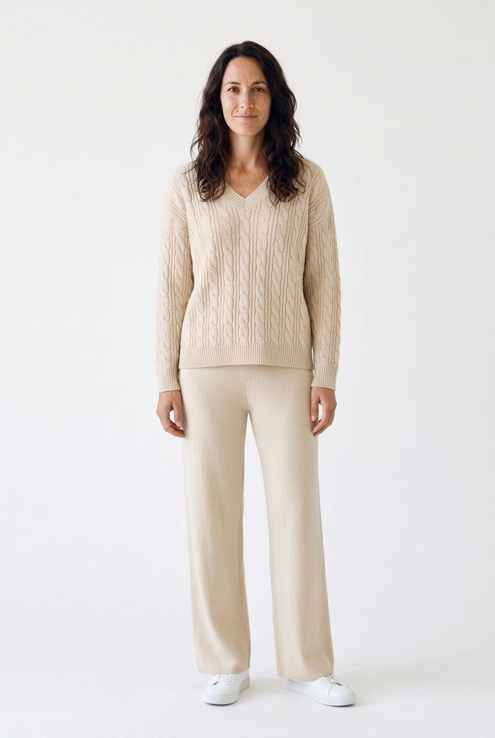 Evie – Women's Cable-Stitch V-Neck Sweater Set with Wide-Leg Pants