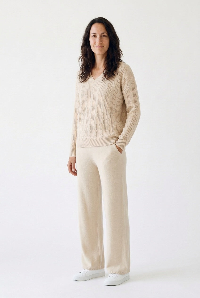 Evie – Women's Cable-Stitch V-Neck Sweater Set with Wide-Leg Pants
