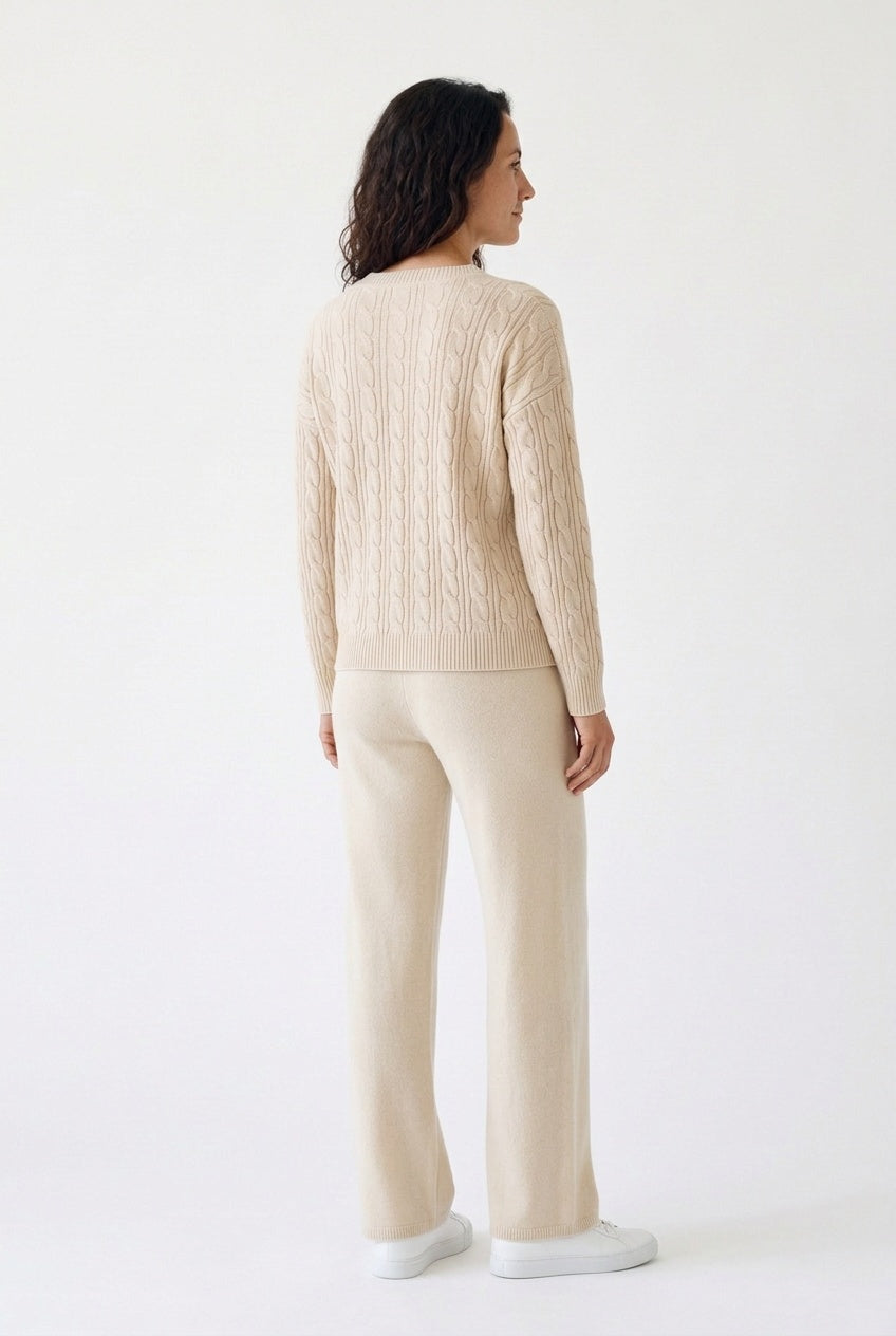 Evie – Women's Cable-Stitch V-Neck Sweater Set with Wide-Leg Pants