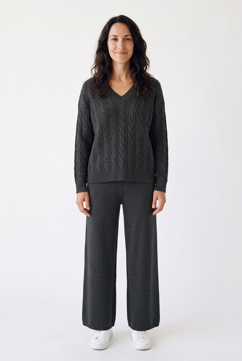Evie – Women's Cable-Stitch V-Neck Sweater Set with Wide-Leg Pants