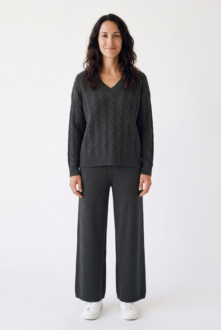 Evie – Women's Cable-Stitch V-Neck Sweater Set with Wide-Leg Pants