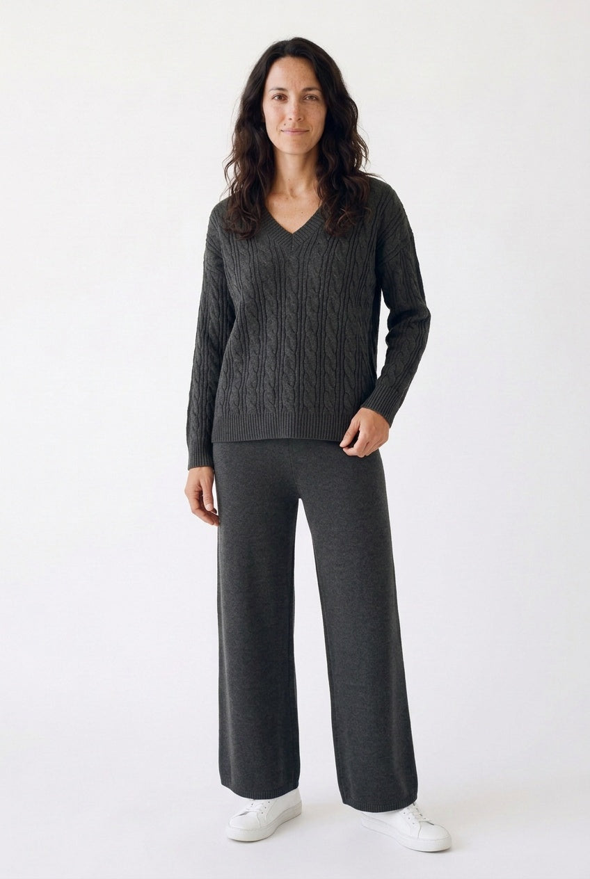 Evie – Women's Cable-Stitch V-Neck Sweater Set with Wide-Leg Pants