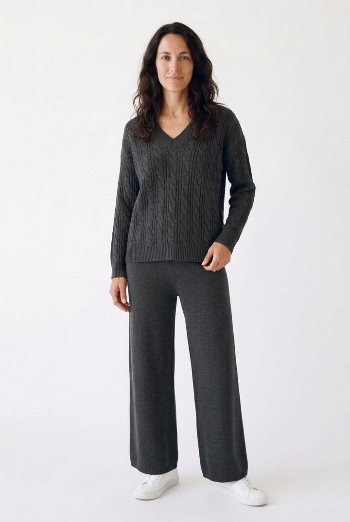 Evie – Women's Cable-Stitch V-Neck Sweater Set with Wide-Leg Pants