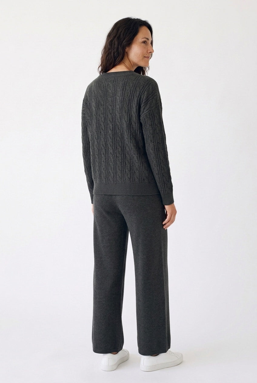 Evie – Women's Cable-Stitch V-Neck Sweater Set with Wide-Leg Pants