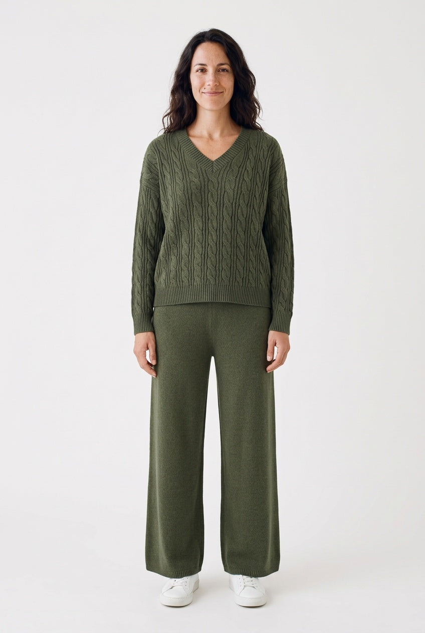 Evie – Women's Cable-Stitch V-Neck Sweater Set with Wide-Leg Pants