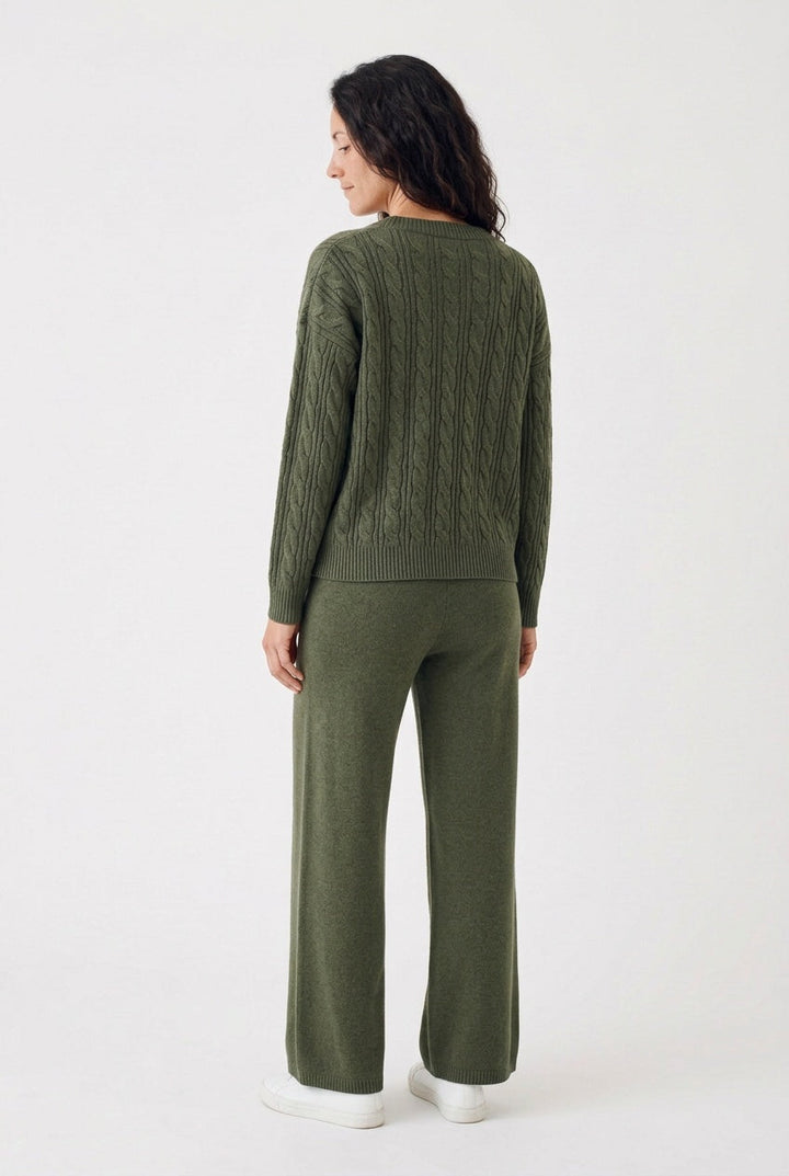 Evie – Women's Cable-Stitch V-Neck Sweater Set with Wide-Leg Pants