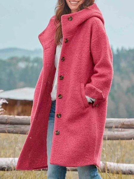 Lina – Longline Hooded Bouclé Coat with Button Front