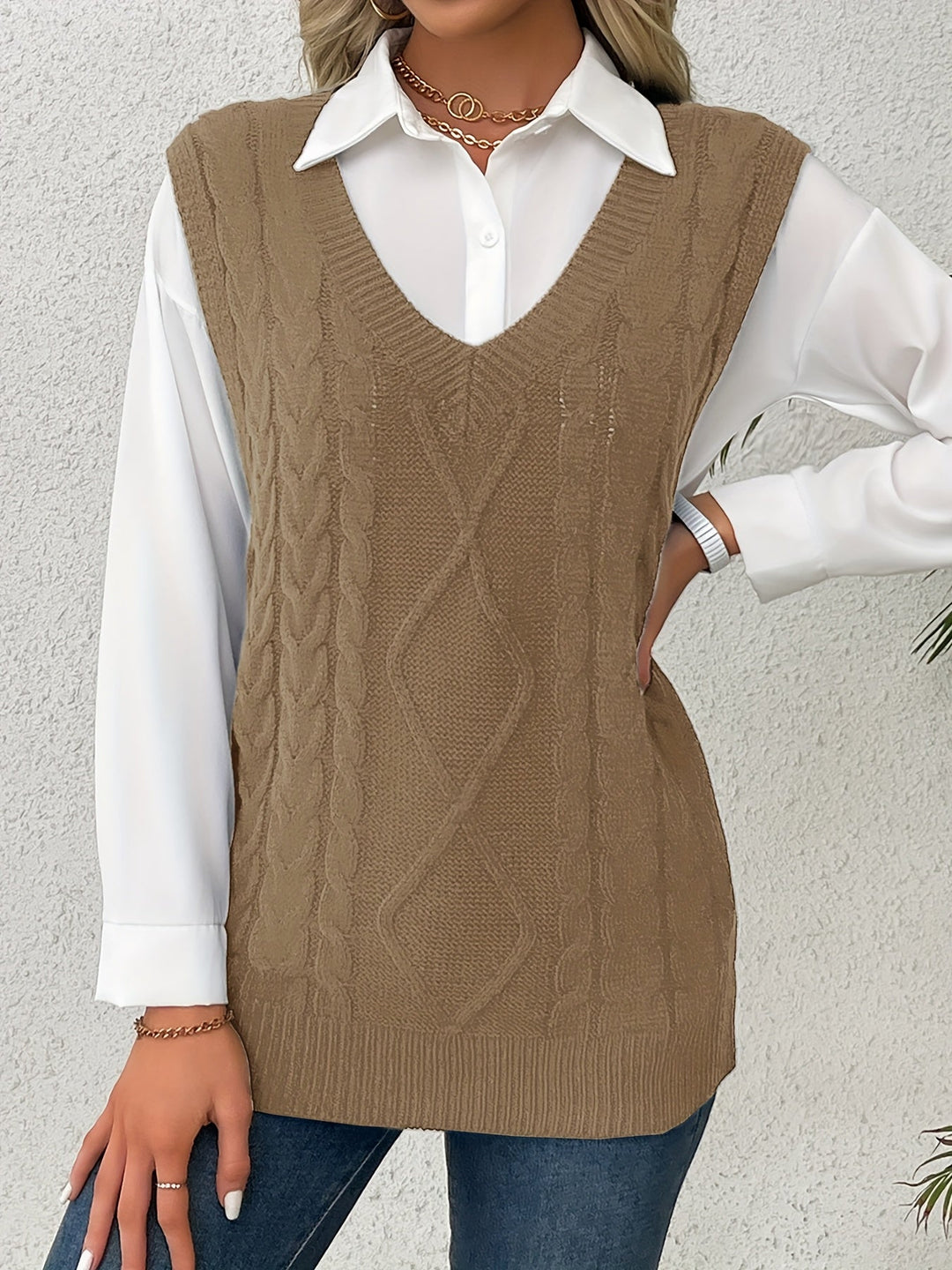 Gwendolen – Cable-Stitch V-Neck Sweater Vest for Women