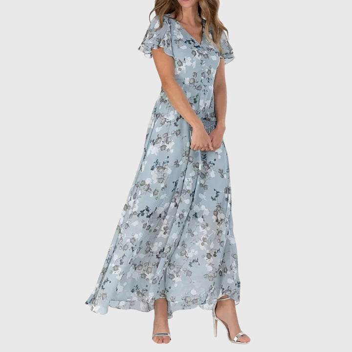 Marisa – Flutter-Sleeve Floral Maxi Dress for Wedding Guest