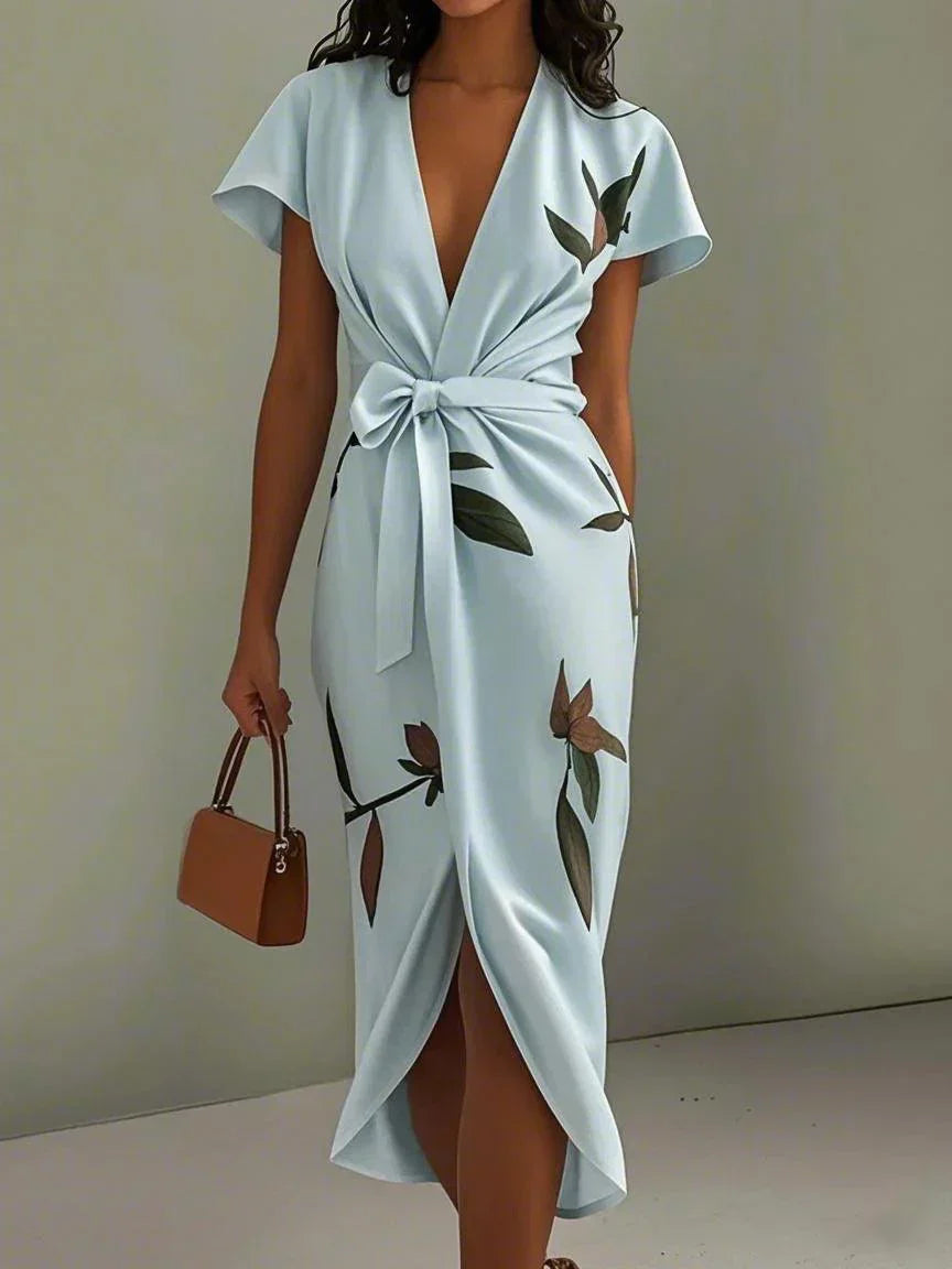Harriet | Leaf Print Wrap Midi Dress with Tie Belt