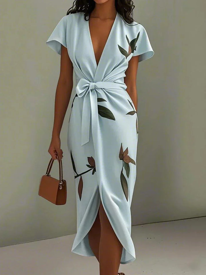 Harriet | Leaf Print Wrap Midi Dress with Tie Belt