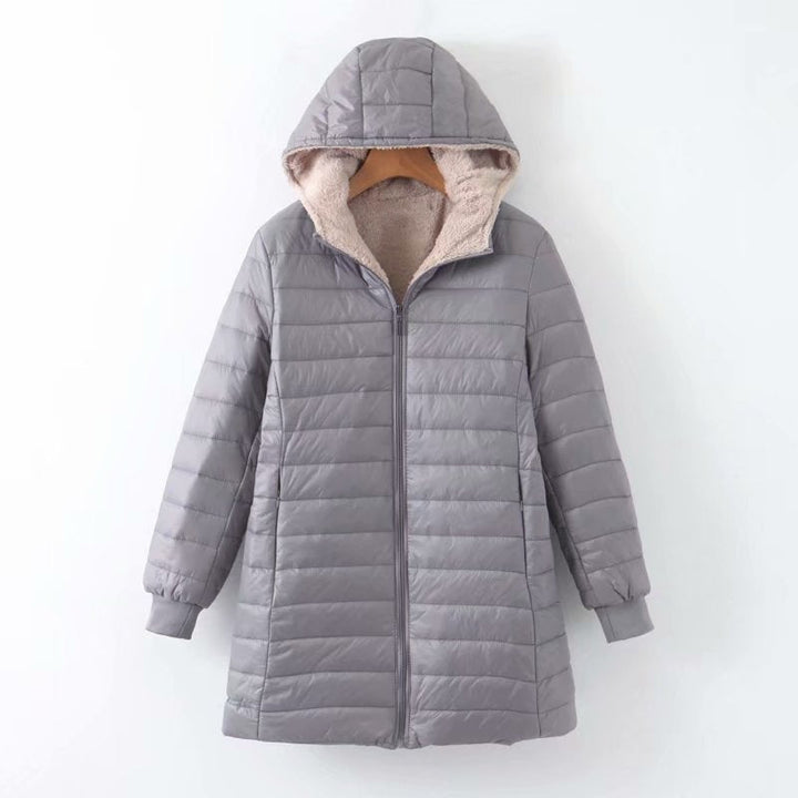 Hooded Quilted Parka Women's Fleece-Lined Navy Long Coat – Casual, Winter