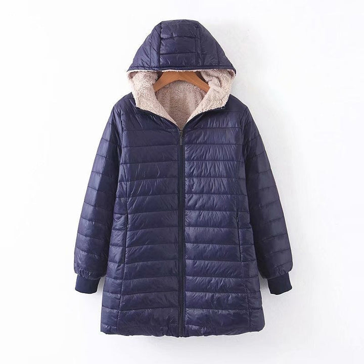 Hooded Quilted Parka Women's Fleece-Lined Navy Long Coat – Casual, Winter