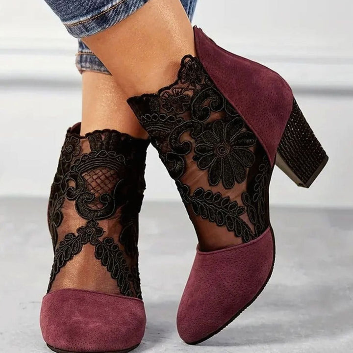 Fiona | Women's Floral Lace Ankle Booties Block Heels