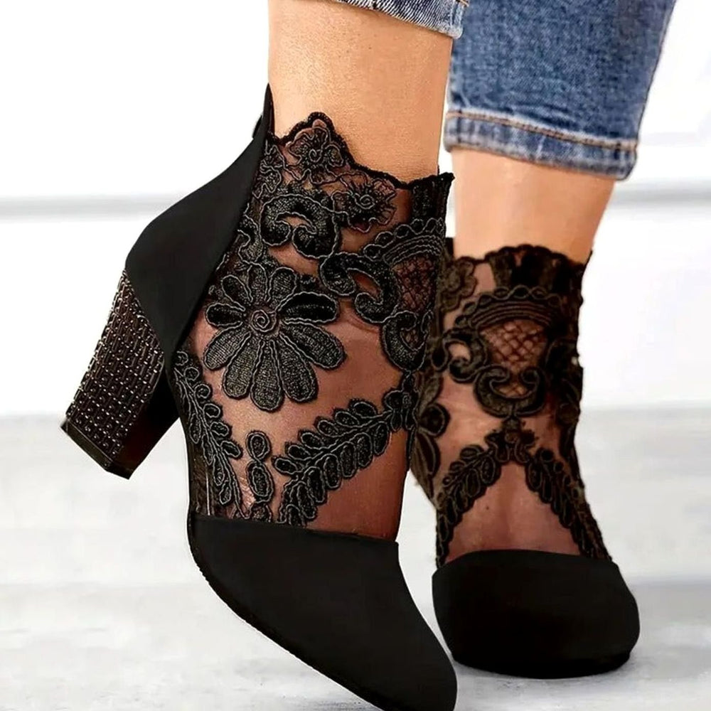 Fiona | Women's Floral Lace Ankle Booties Block Heels