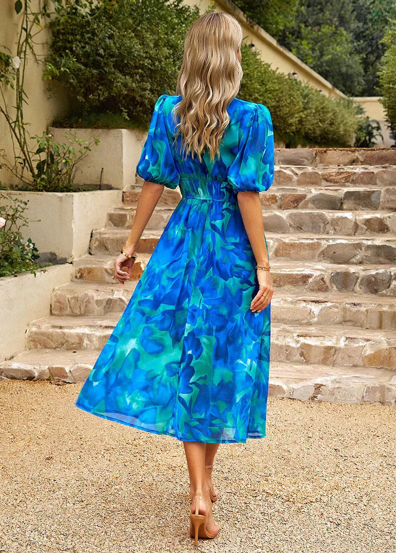 Miranda – Floral Puff Sleeve Midi Wedding Guest Dress