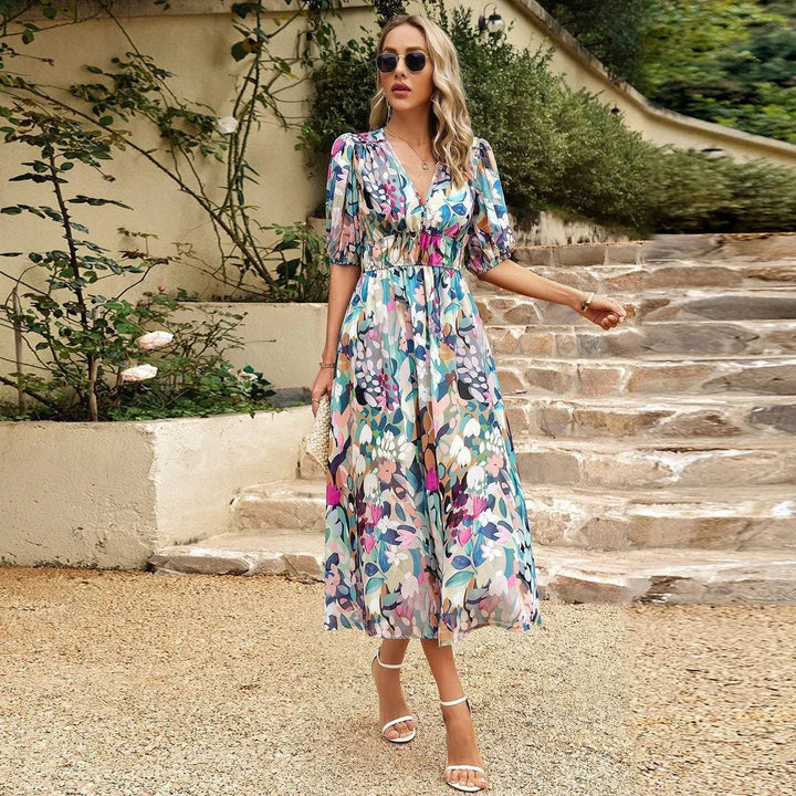Miranda – Floral Puff Sleeve Midi Wedding Guest Dress