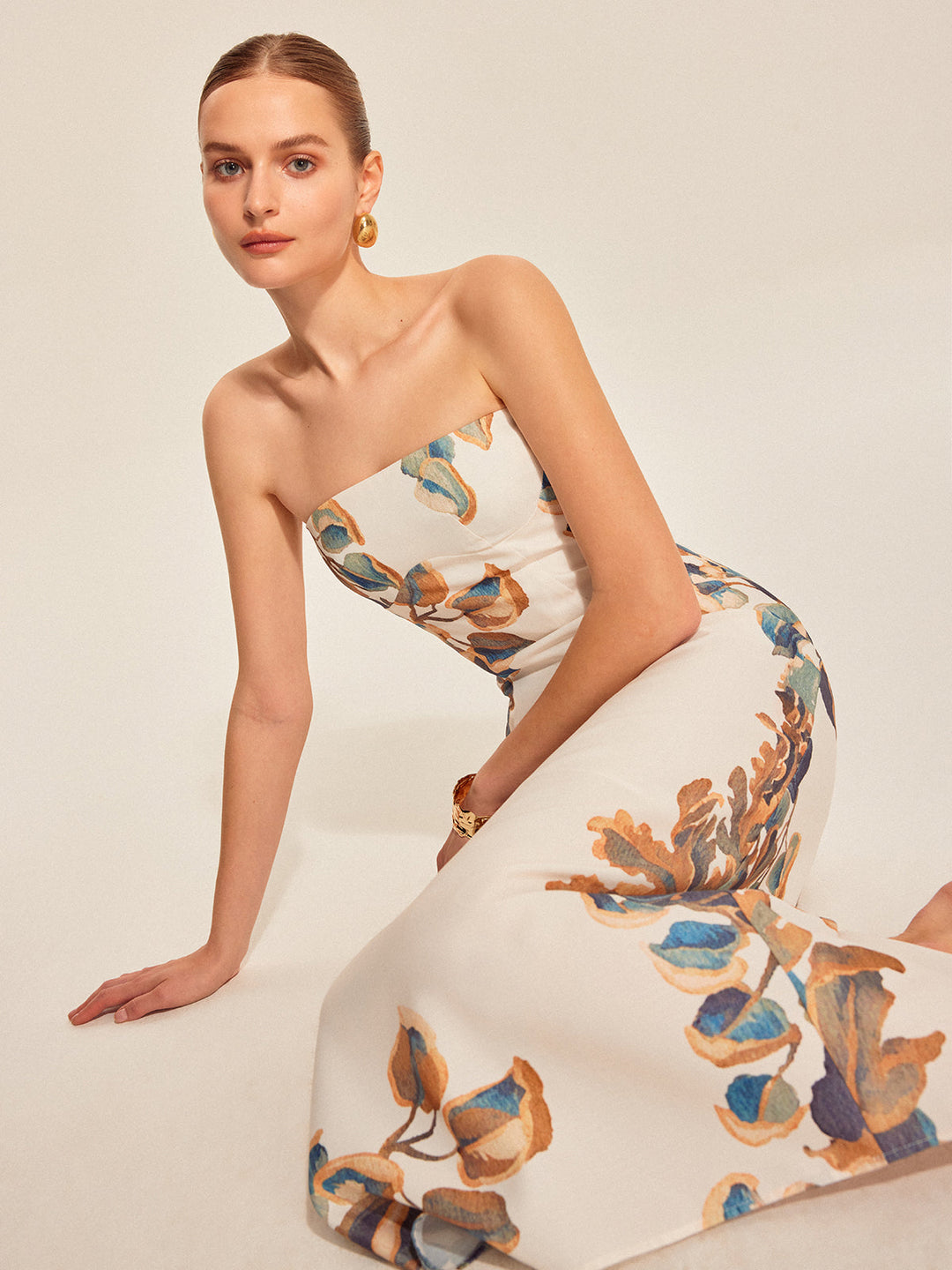 Pearl – Strapless Floral Midi Dress