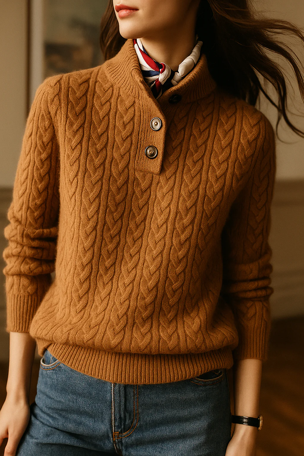 Galina – Women's Cable-Stitch Button Mock Neck Sweater