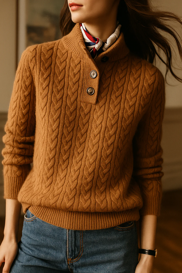 Galina – Women's Cable-Stitch Button Mock Neck Sweater