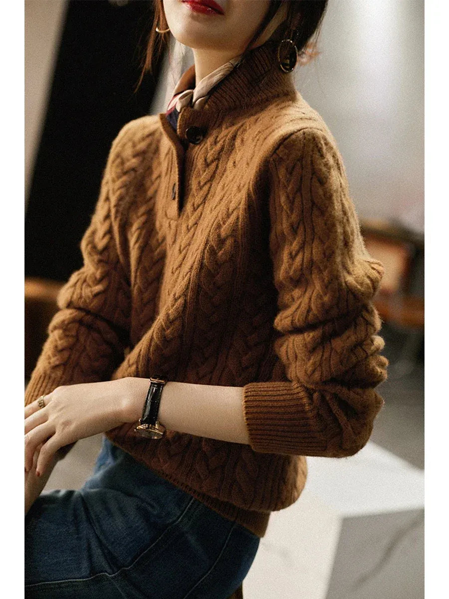 Galina – Women's Cable-Stitch Button Mock Neck Sweater