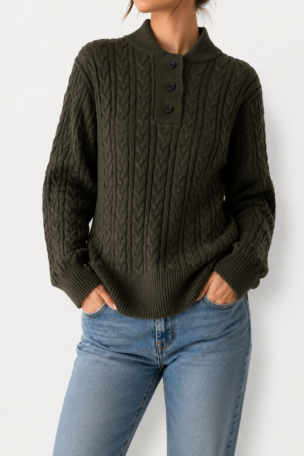 Galina – Women's Cable-Stitch Button Mock Neck Sweater
