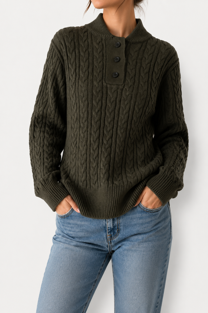 Galina – Women's Cable-Stitch Button Mock Neck Sweater