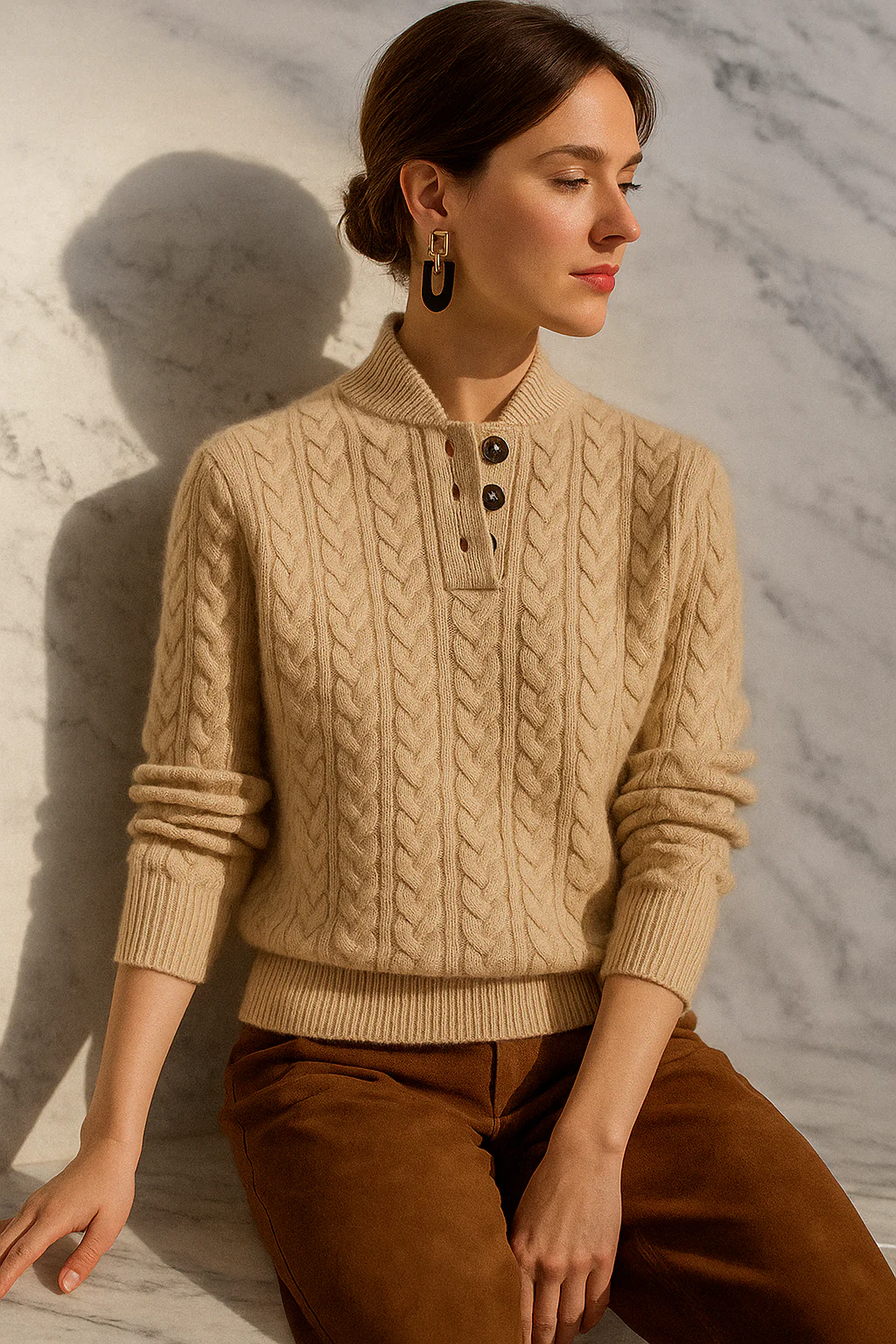 Galina – Women's Cable-Stitch Button Mock Neck Sweater