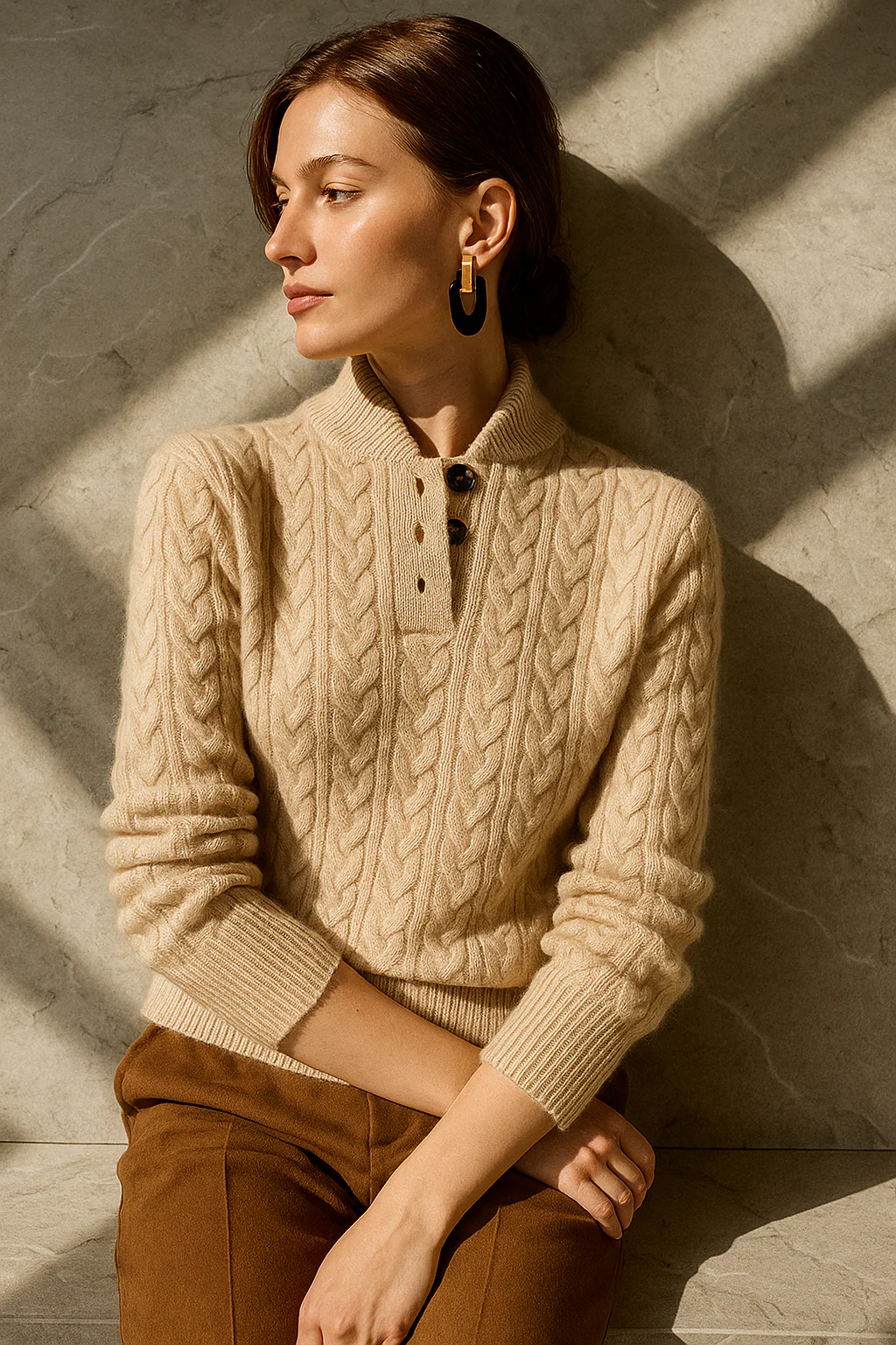 Galina – Women's Cable-Stitch Button Mock Neck Sweater