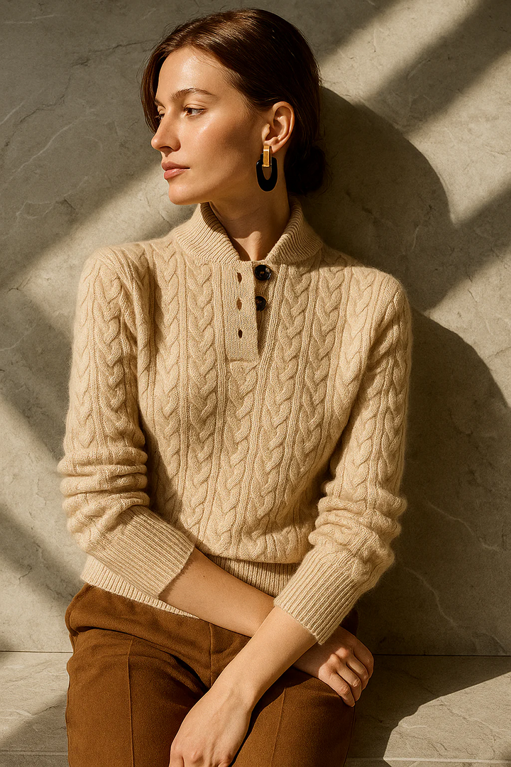 Galina – Women's Cable-Stitch Button Mock Neck Sweater