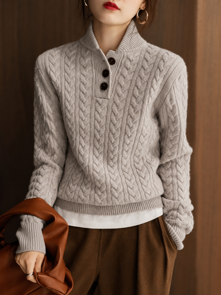 Galina – Women's Cable-Stitch Button Mock Neck Sweater