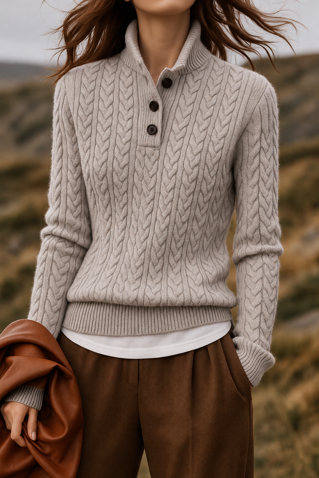 Galina – Women's Cable-Stitch Button Mock Neck Sweater