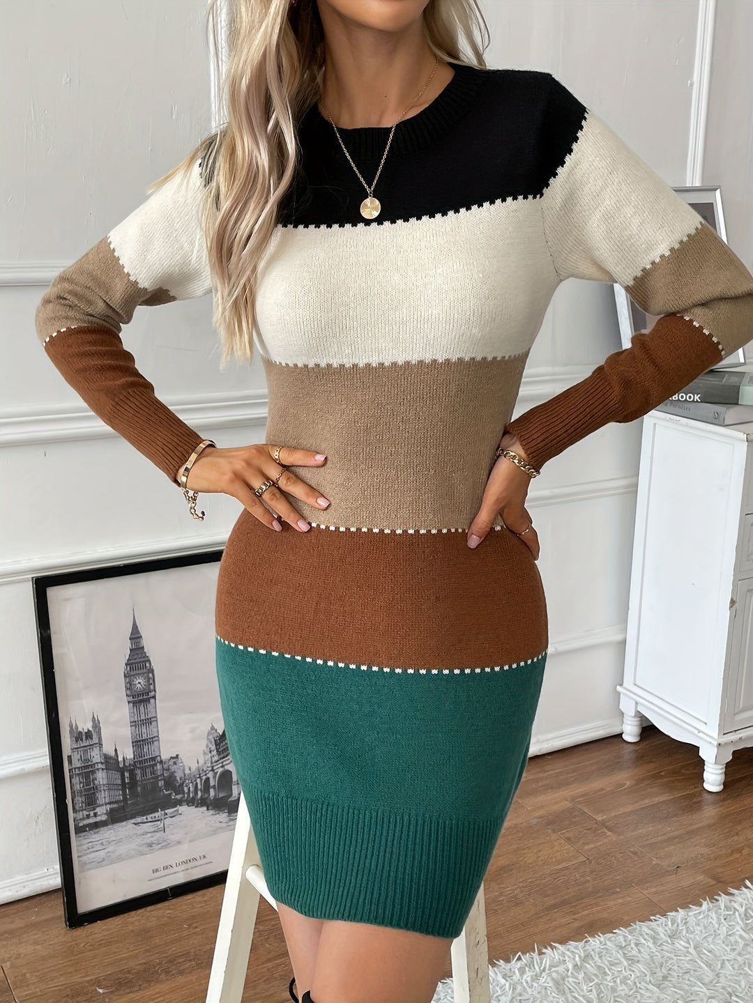 Gemma – Women's Colorblock Long Sleeve Mini Sweater Dress