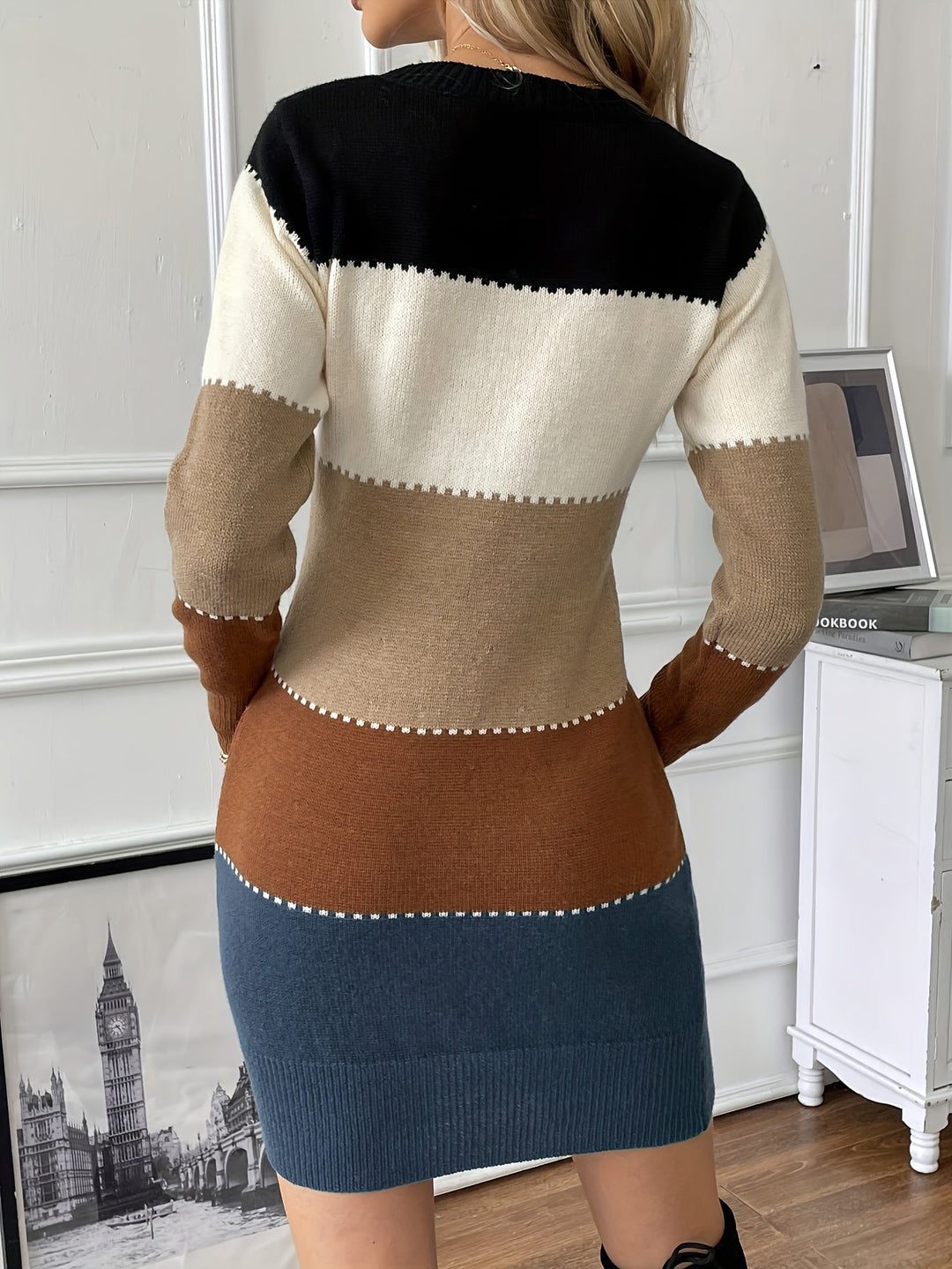 Gemma – Women's Colorblock Long Sleeve Mini Sweater Dress