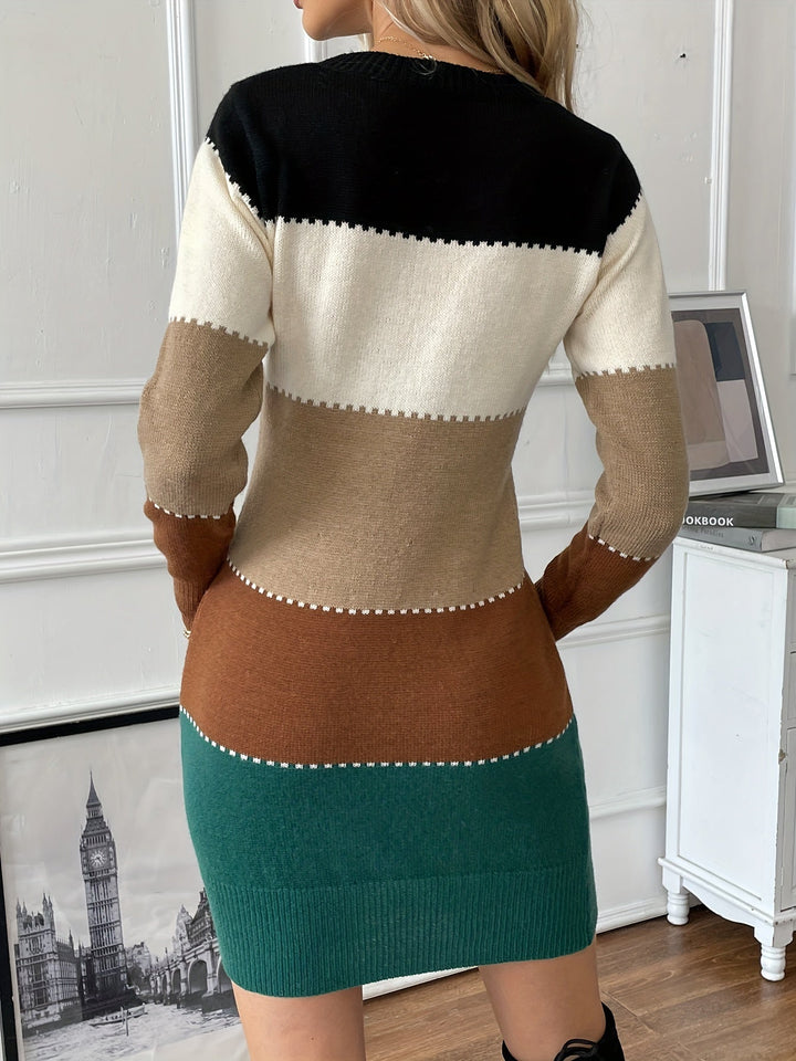 Gemma – Women's Colorblock Long Sleeve Mini Sweater Dress