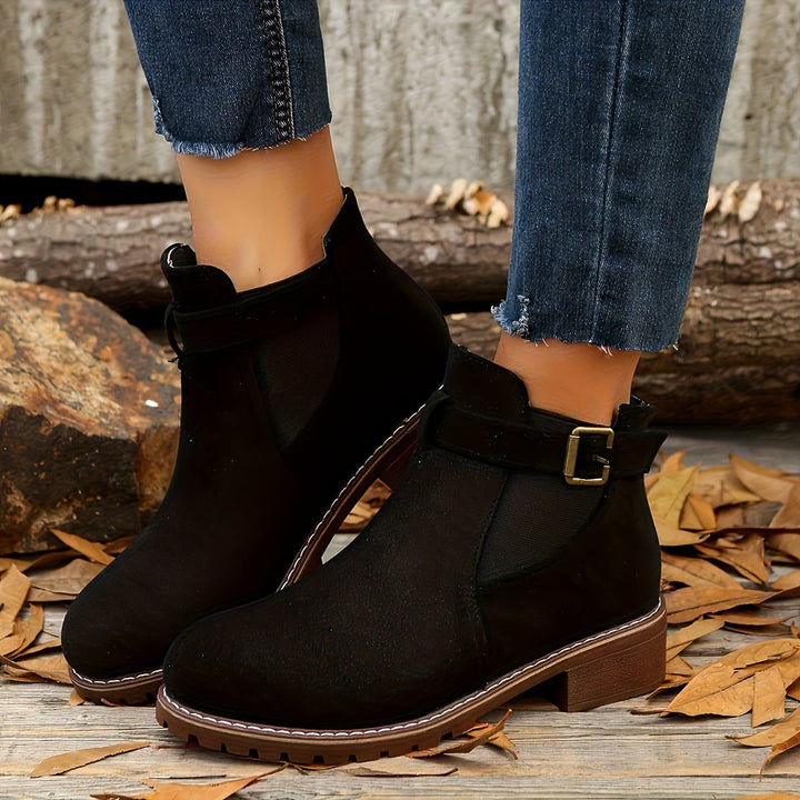 Block Heel Chelsea Ankle Boots with Buckle Strap for Women - Black