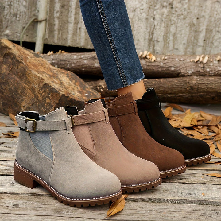 Block Heel Chelsea Ankle Boots with Buckle Strap for Women