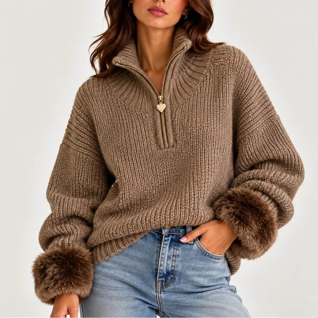 Giovanna – Women's Faux Fur-Look Cuff Half-Zip Sweater