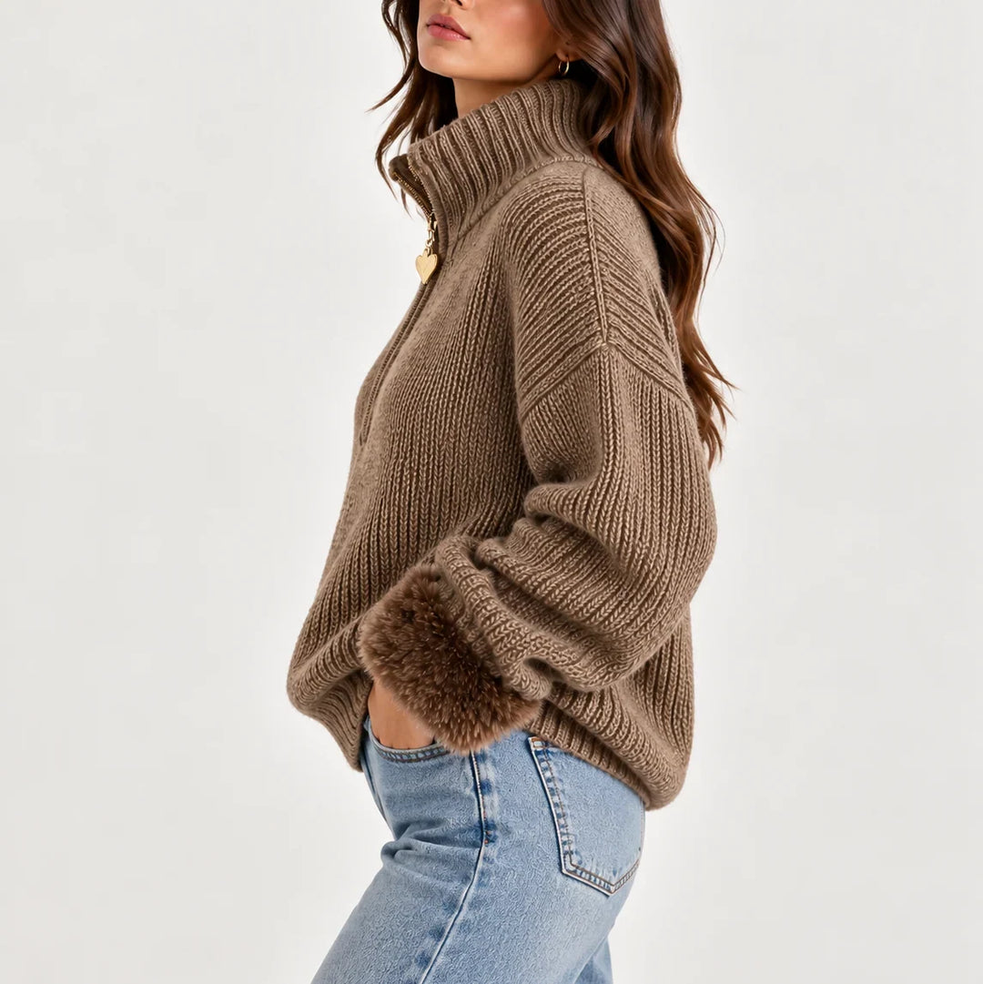 Giovanna – Women's Faux Fur-Look Cuff Half-Zip Sweater