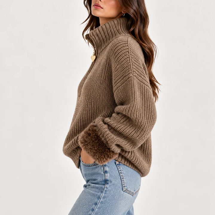 Giovanna – Women's Faux Fur-Look Cuff Half-Zip Sweater