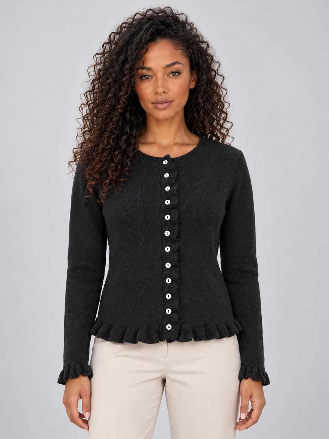 Goldie – Women's Ruffle Hem Button-Front Cardigan