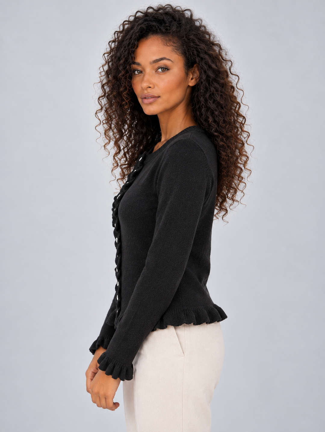 Goldie – Women's Ruffle Hem Button-Front Cardigan