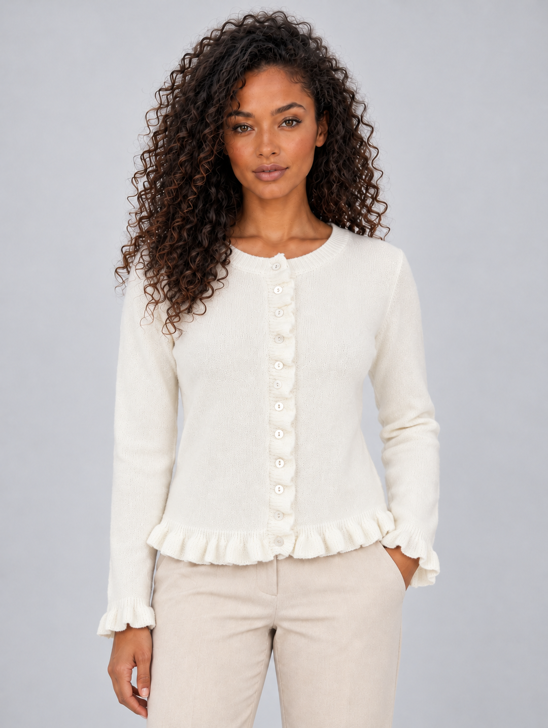 Goldie – Women's Ruffle Hem Button-Front Cardigan