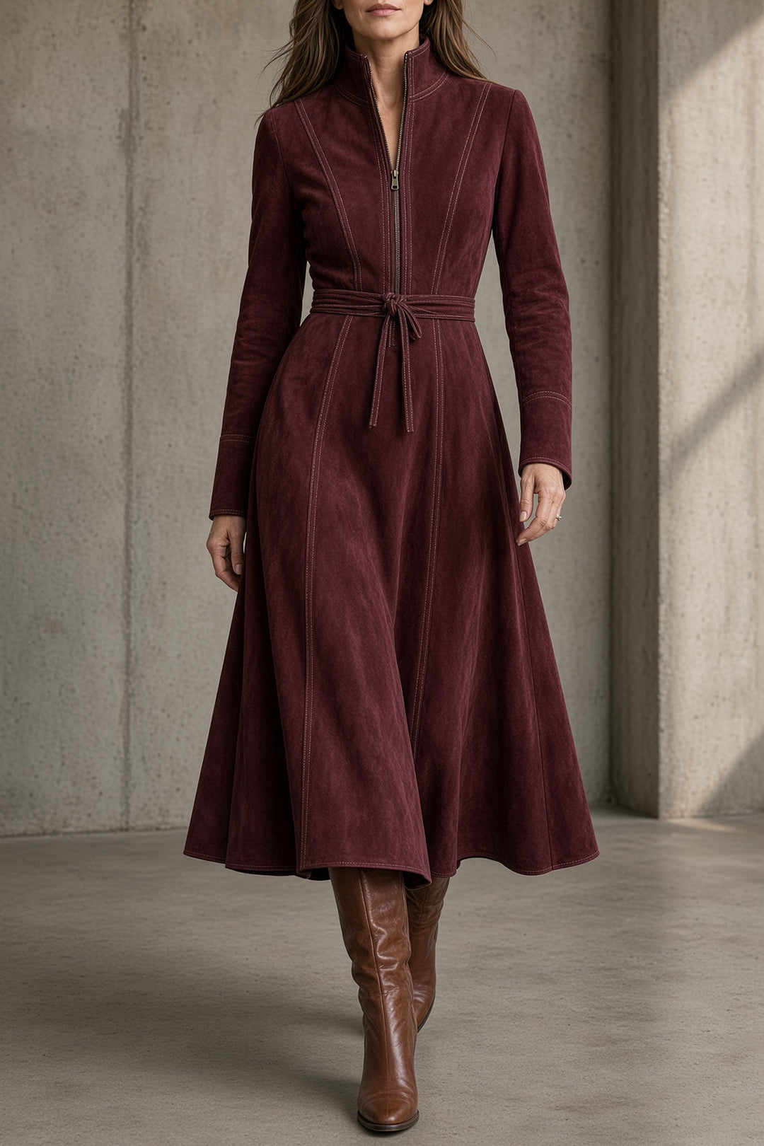 Hollie – Women's Suede-Look Zip Front Midi Dress with Tie Waist