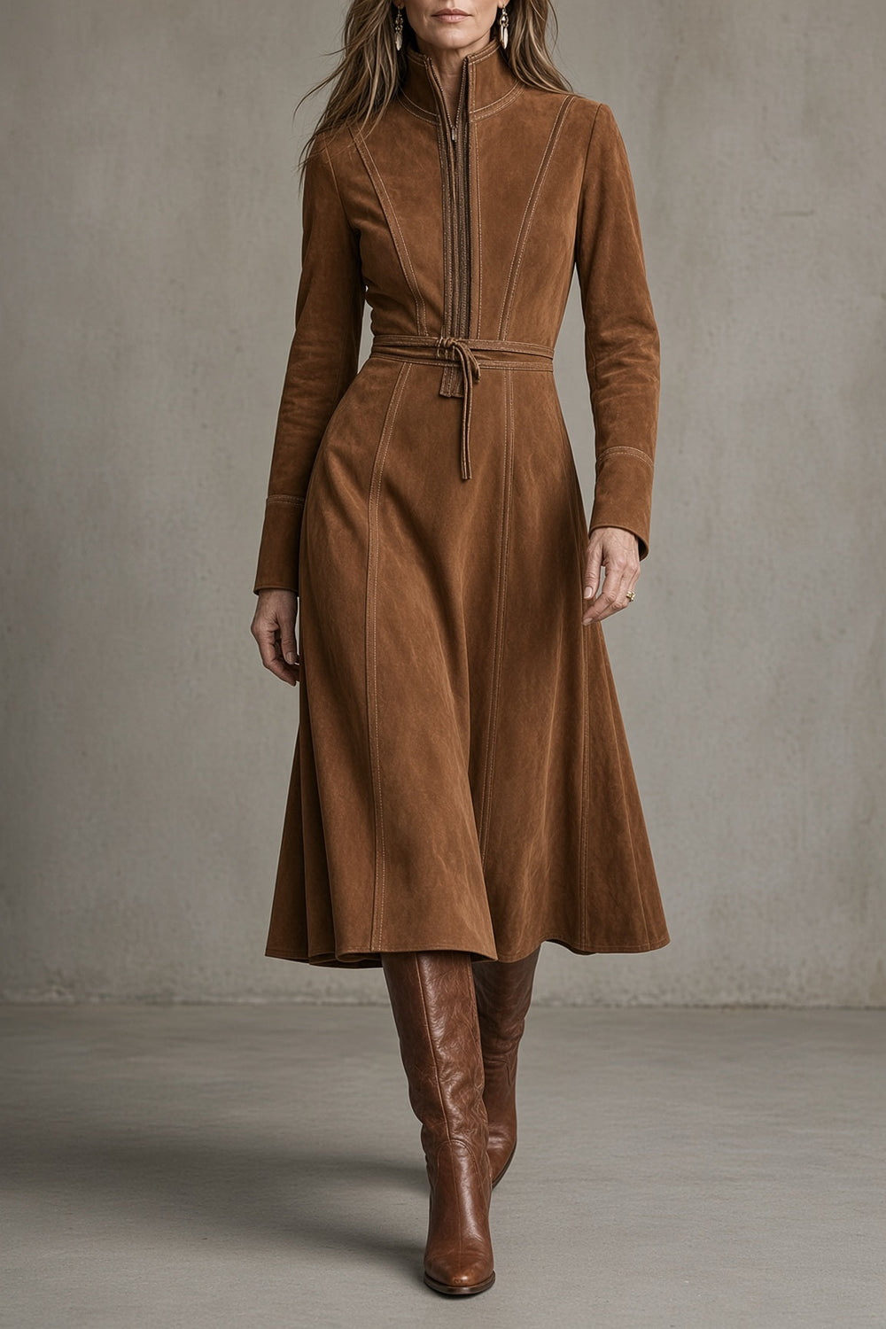 Hollie – Women's Suede-Look Zip Front Midi Dress with Tie Waist