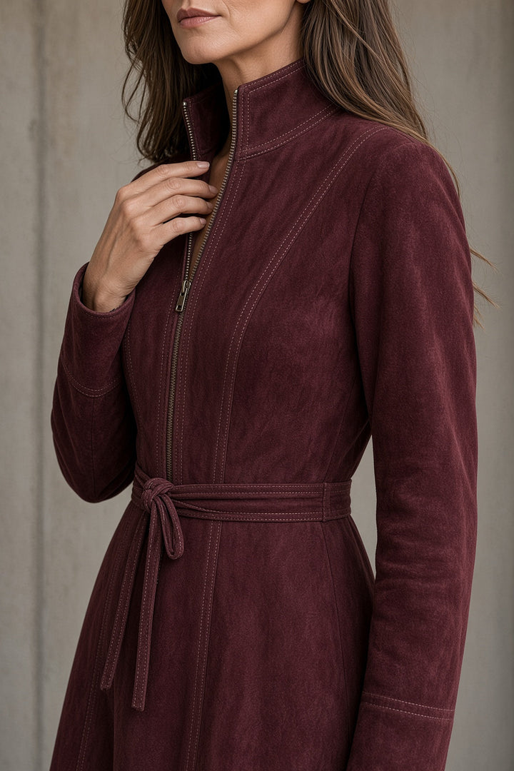 Hollie – Women's Suede-Look Zip Front Midi Dress with Tie Waist