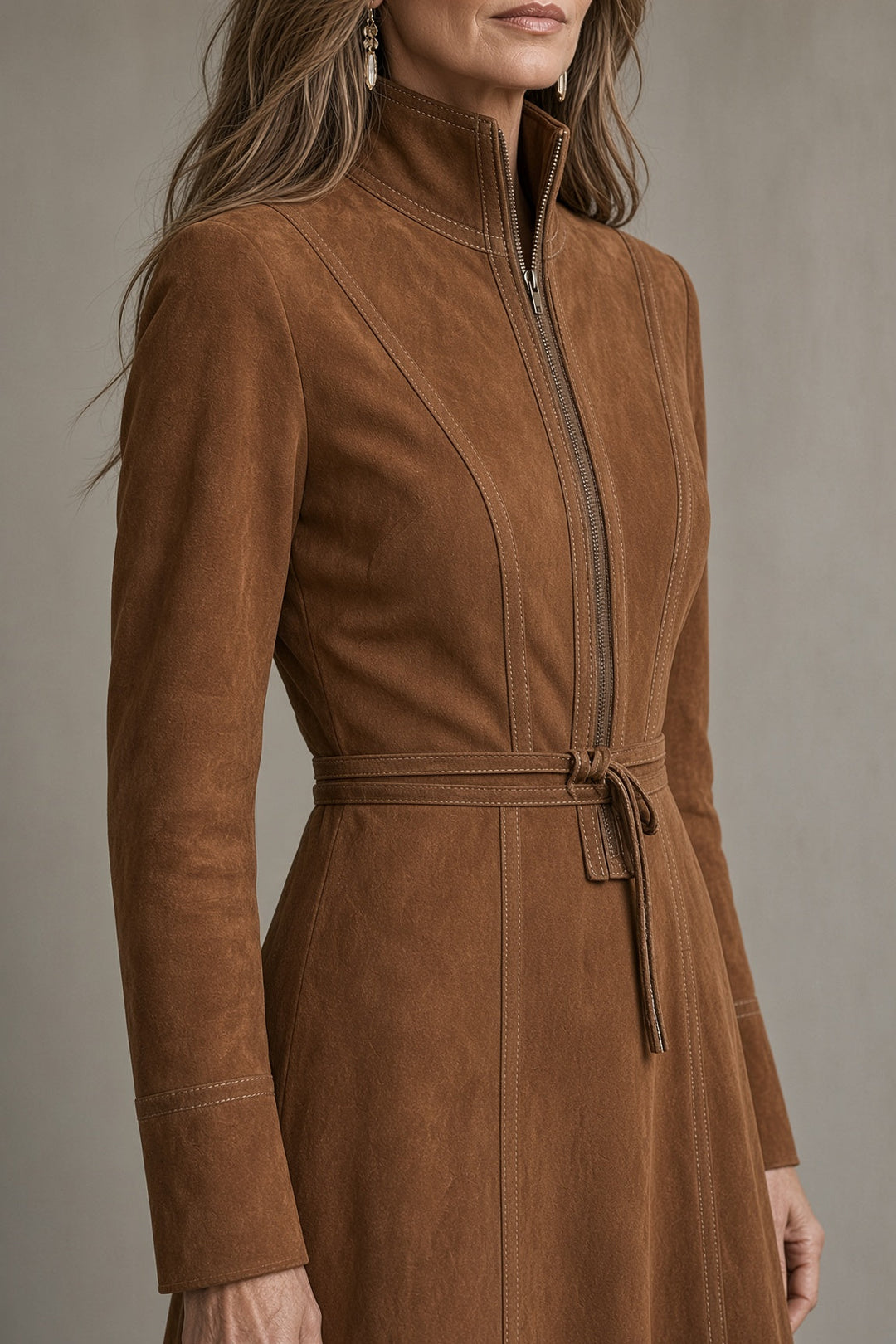 Hollie – Women's Suede-Look Zip Front Midi Dress with Tie Waist