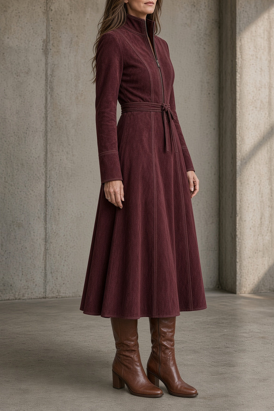 Hollie – Women's Suede-Look Zip Front Midi Dress with Tie Waist